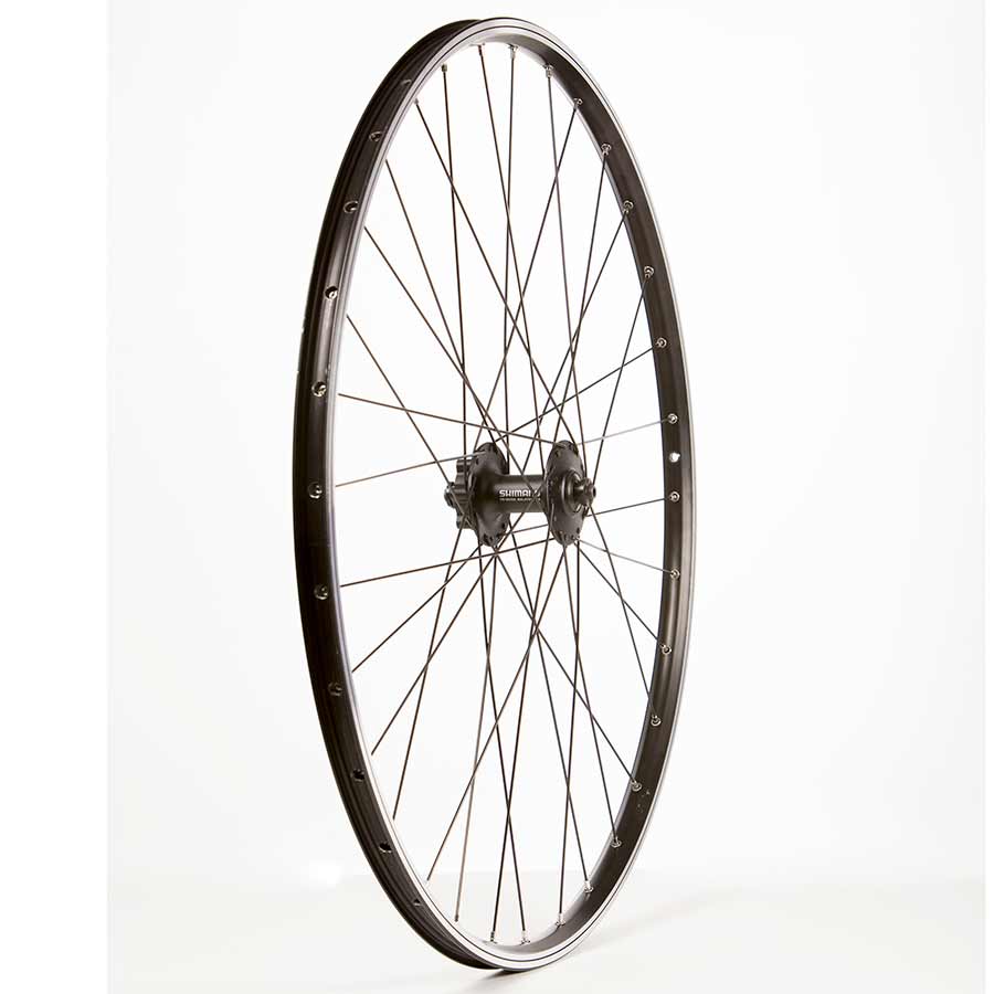 Black/ Shimano Deore HB-M525, Wheel, Front, 700C / 622, Holes: 32, QR, 100mm, Rim and Disc IS 6-bolt