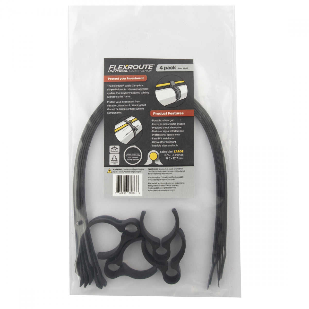 COBRA PRODUCTS CABLE GUIDE COBRA FLEXROUTE GUIDES LG 9.5-12.7mm w/TIES 4pk BK - COBRA PRODUCTS