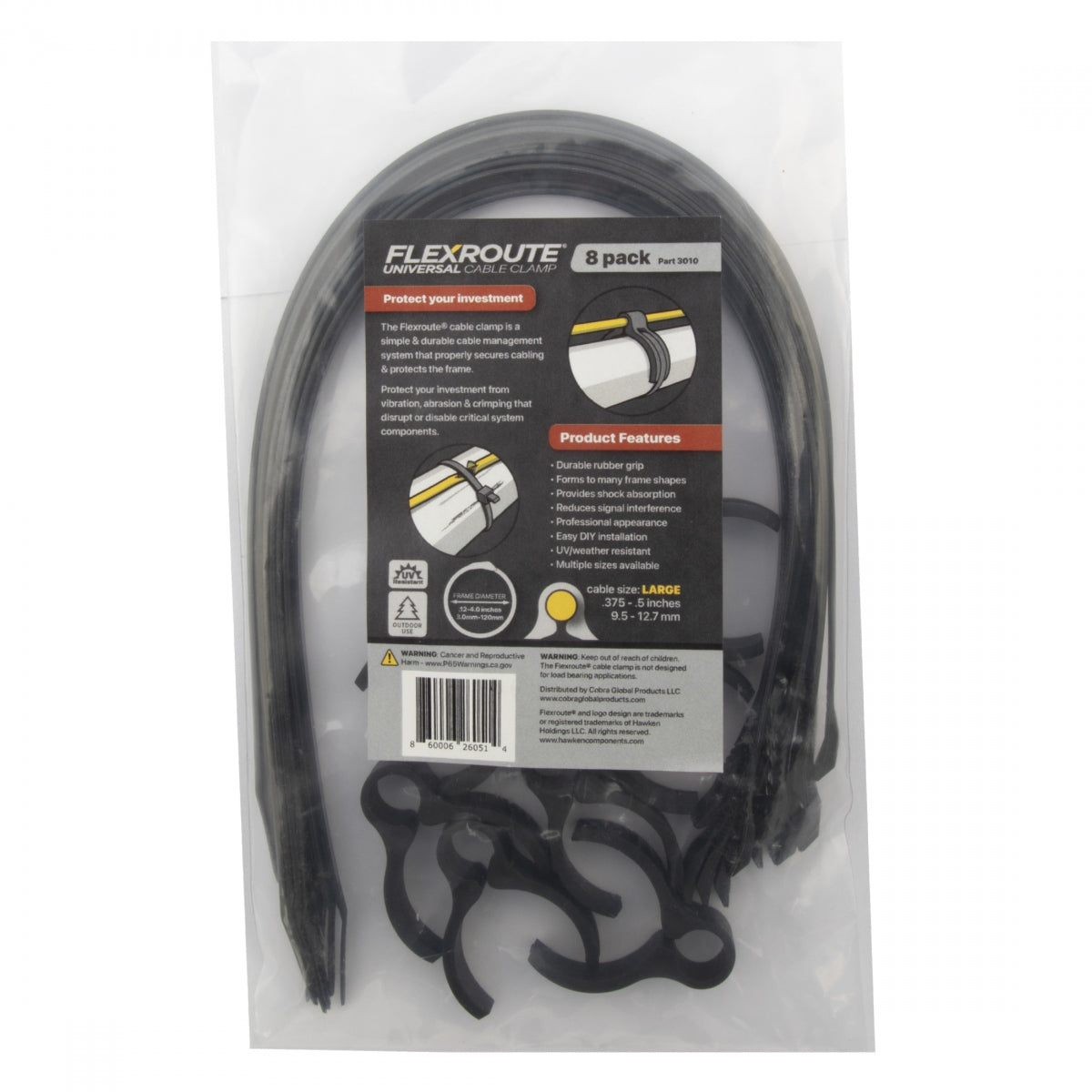 COBRA PRODUCTS CABLE GUIDE COBRA FLEXROUTE GUIDES LG 9.5-12.7mm LRG w/TIES 8pk BK - COBRA PRODUCTS