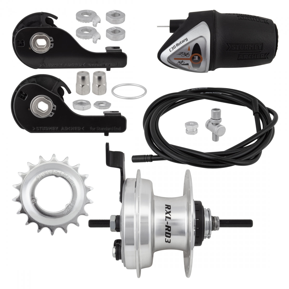 STURMEY ARCHER HUB Rear S/A 3sp RXLRD3 DRUM 90mm 36 SL w/TRIM KIT/TWIST-SHIFrontER TSC34 135/185mm 18T ROTARY - STURMEY ARCHER