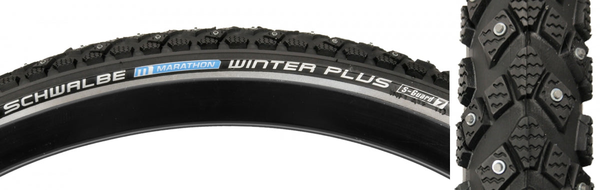 SCHWALBE TIRE SWB MARATHON WINTER PLUS 26x1.75 PERF TWIN SM-GUARD BK/BK/REF 200-STUD-SNOW WIRE - SCHWALBE