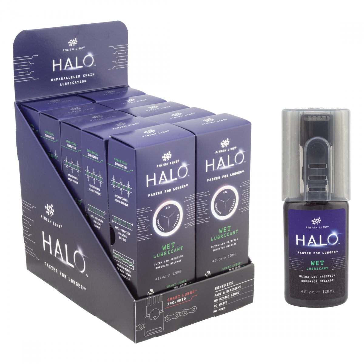 FINISH LINE LUBE F-L HALO WET 4oz 10-BOTTLE DISPLAY w/SMART LUBER - FINISH LINE