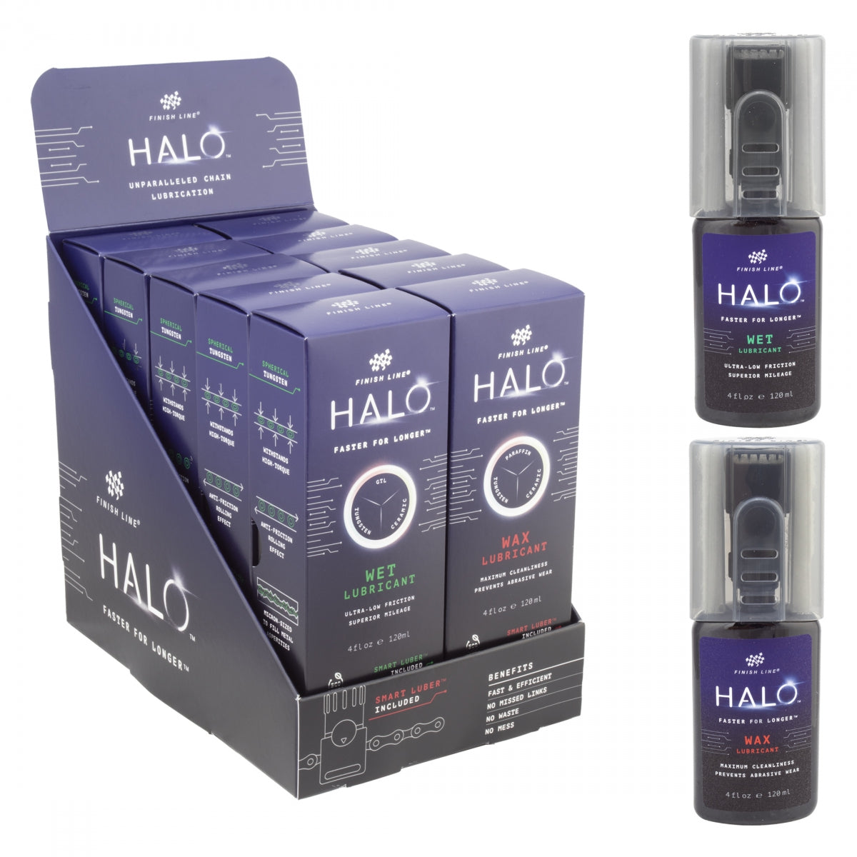FINISH LINE LUBE F-L HALO WAX+WET 4oz 5ea-BOTTLE DISPLAY w/SMART LUBER - FINISH LINE