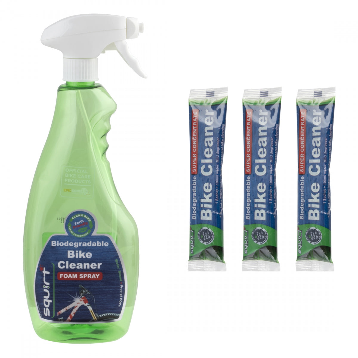 SQUIRT CLEANER SQUIRT BIO-BIKE CLEANER 750ml EMPTY BTL w/3x30ml SACHETS SUPER CONCENTRATE MAKES 750ml EACH - SQUIRT