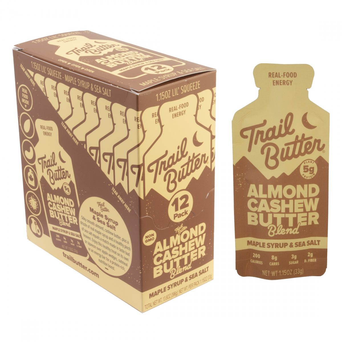 TRAIL BUTTER FOOD TRAIL BUTTER GEL MAPLE SYRUP SEA SALT ALMD CASHEW 1.15oz BXof12 - TRAIL BUTTER