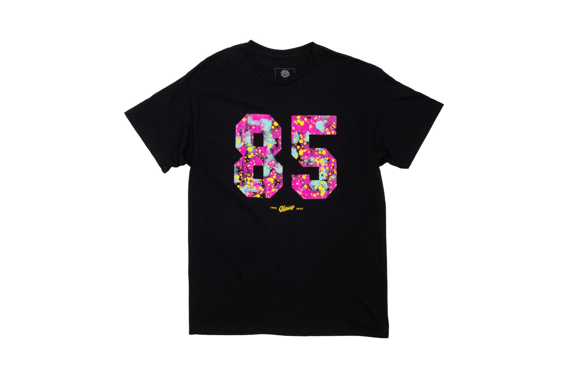 Odyssey '85 Splatter Tee (Black w/ Teal+Purple+Yellow Ink) available at 5150bmx.com