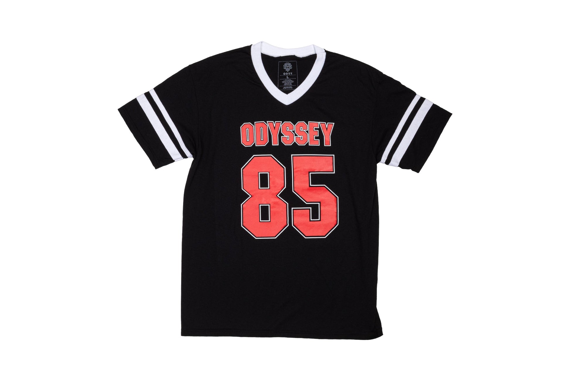 Odyssey 85 Jersey Tee (Black w/ White Stripes and Red+White Ink) - Available at 5150bmx.com