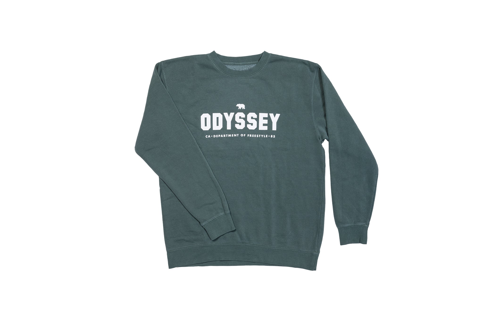 Odyssey Campus Crewneck (Pigment Dyed Alpine Green with White Ink) available at 5150bmx.com