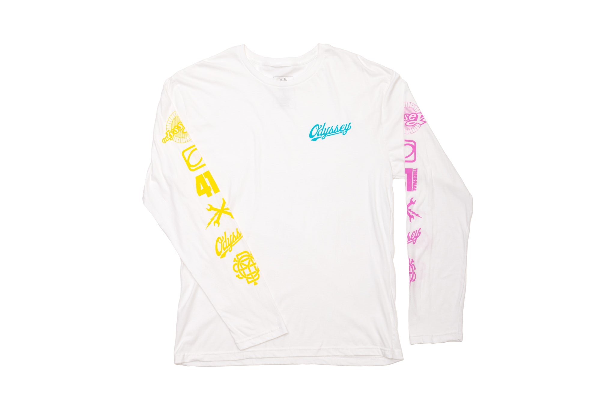 Odyssey History Long Sleeve (White w/ Yellow+Teal+Pink Ink) available at 5150bmx.com