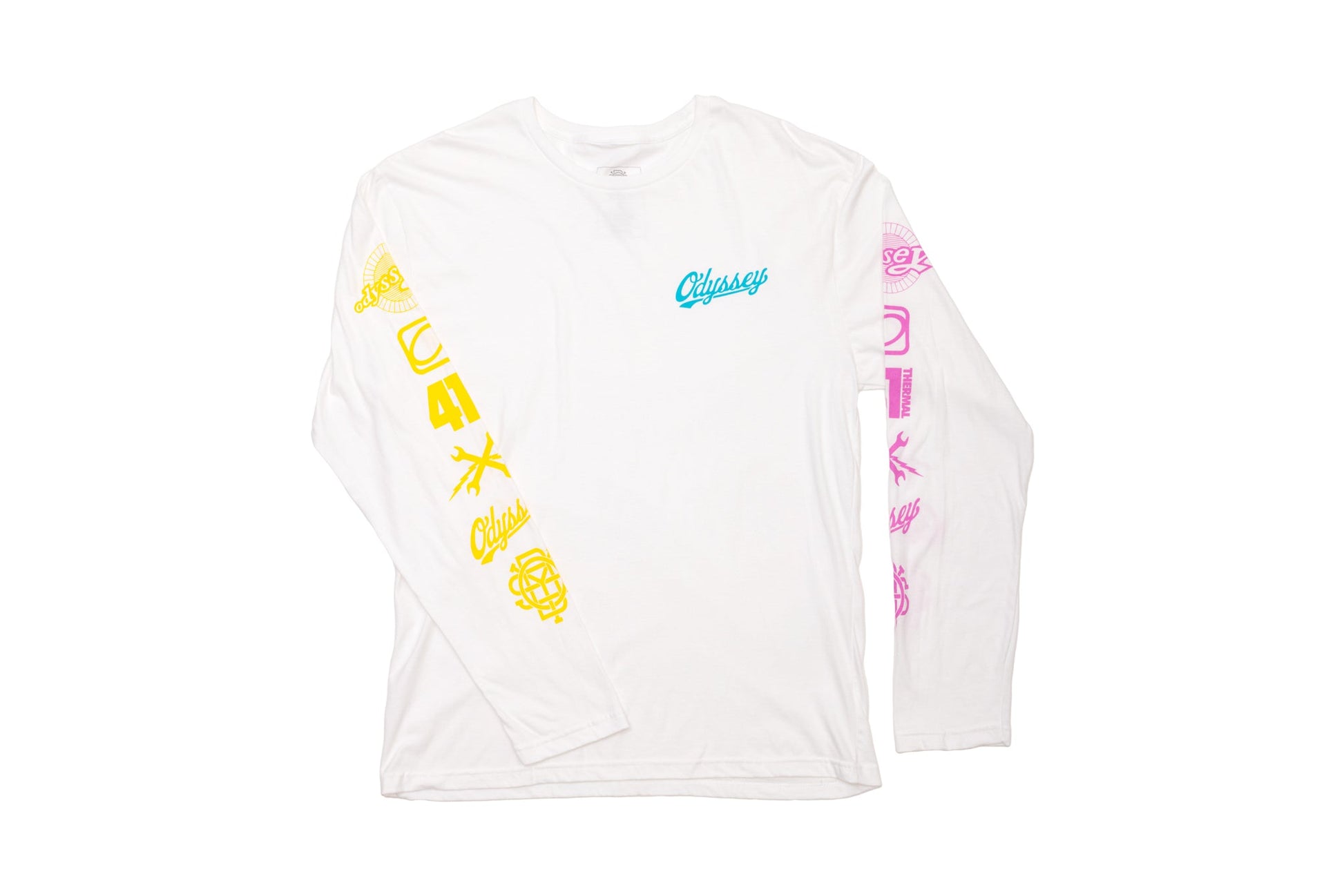 Odyssey History Long Sleeve (White w/ Yellow+Teal+Pink Ink) available at 5150bmx.com