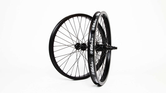 20" FIT FREECOASTER WHEELSET LEFT SIDE DRIVE . DOUBLE WALL FIT BLK RIMS, BLK HUBS. MALE 4MM REAR AXLE, MALE 3/8" FRONT AXLE. ALL BLACK SPOKES/NIPPLES-Featuring fully sealed front 3/8" male hub and 4mm male rear FREECOASTER laced to light and strong Fit Double Wall OEM rims. Specifications Sealed 3/8" Front Axle hub Sealed LHD FREECOASTER rear w/4mm Rear Axle male recessed 6MM Allen slot in axle 9T L.H.D. Fit Rim Strip 36H Double Wall Fit OEM Rims-5050 Bike & Skate