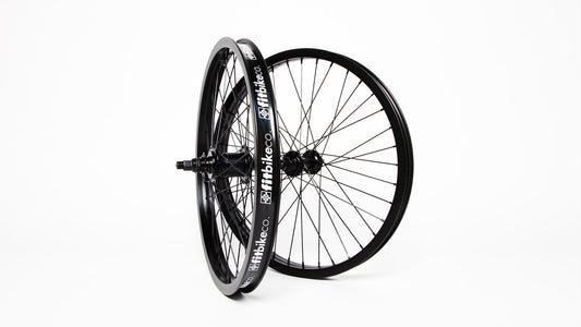 20" FIT FREECOASTER WHEELSET LEFT SIDE DRIVE . DOUBLE WALL FIT BLK RIMS, BLK HUBS. MALE 14MM REAR AXLE, MALE 3/8" FRONT AXLE. ALL BLACK SPOKES/NIPPLES